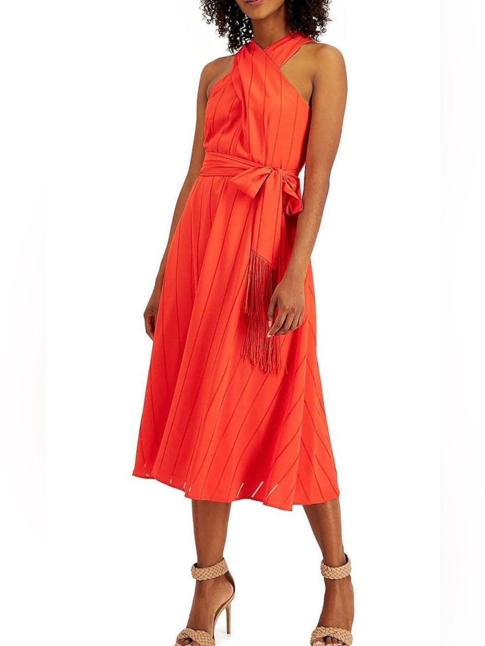 TAHARI ASL Womens Fringe Tie Halter Calf Midi Georgette Dress 8